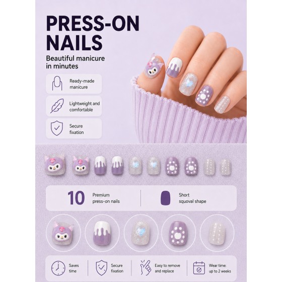 Kuromi Cartoon Short Square Press‑On Nails, Sweet Cool Purple Cute 3D Doll Drip Glue False Nails